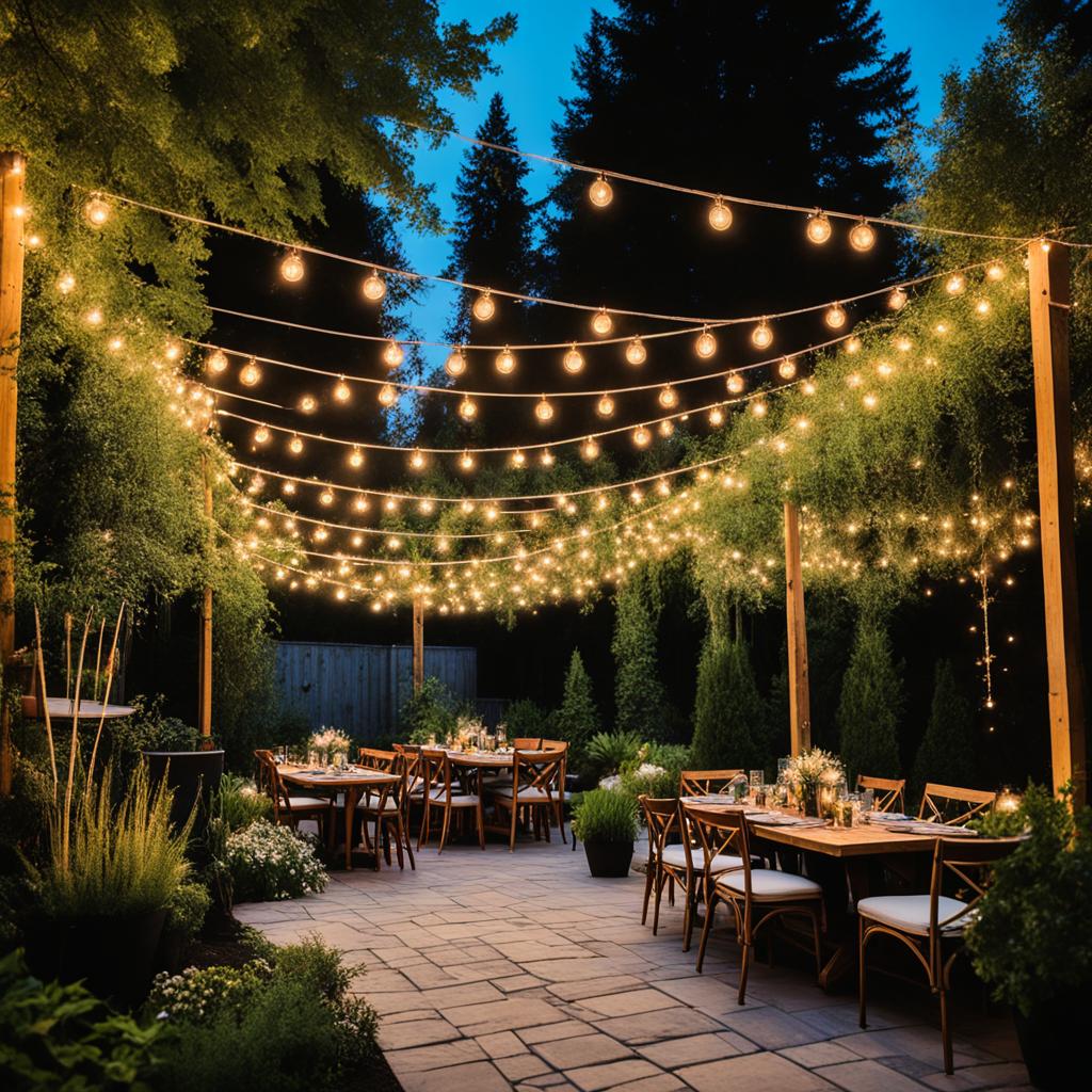 Backyard with strings of bistro lights