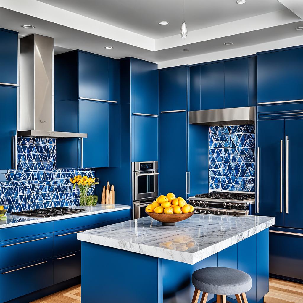 Blue kitchen cabinets with complementary elements