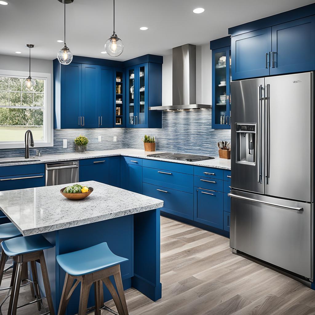 Blue shaker cabinets in a modern kitchen design