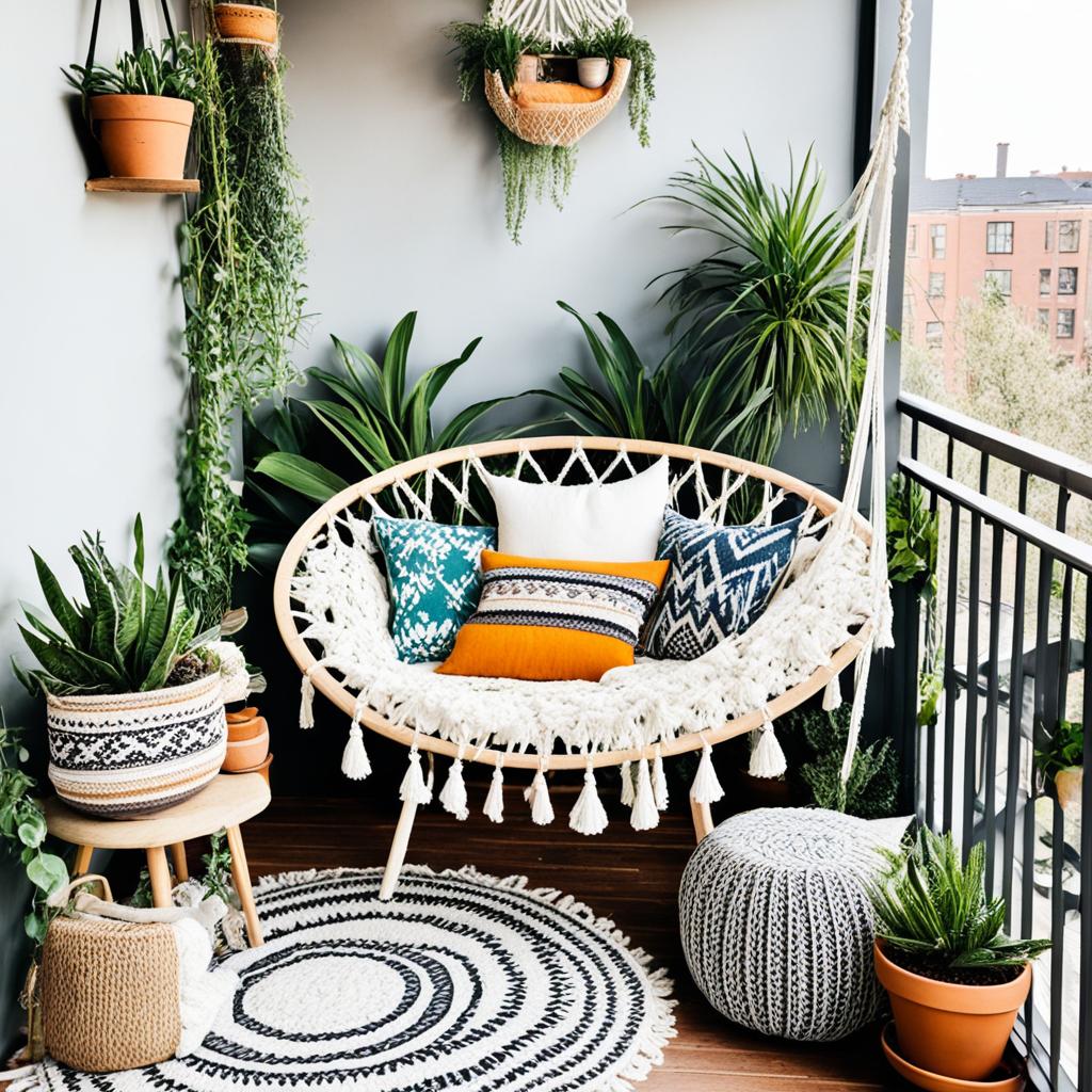 Boho balcony seating with layered textures