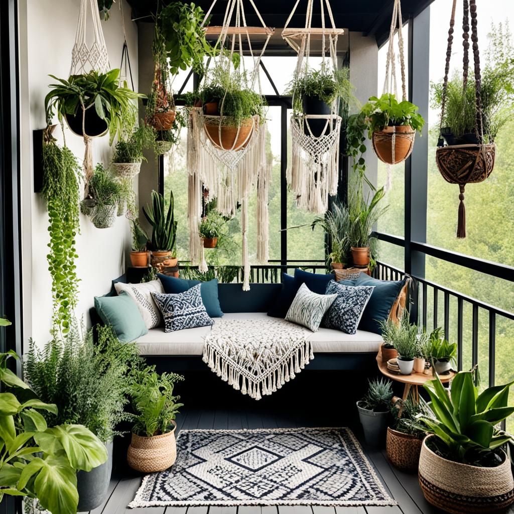 Boho balcony with macrame plant hangers