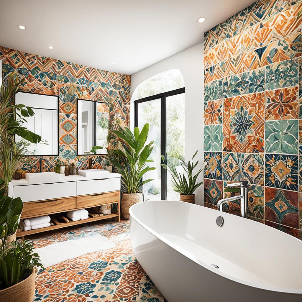 Boho chic bathroom with global-inspired tiles