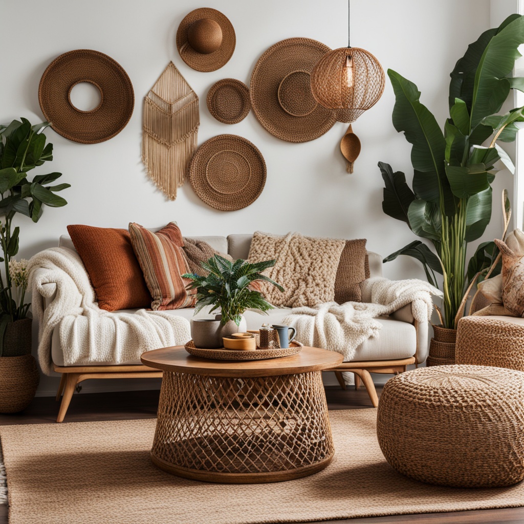 Boho chic living room with rattan coffee table