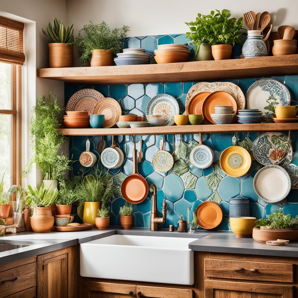 Boho kitchen with colorful ceramics