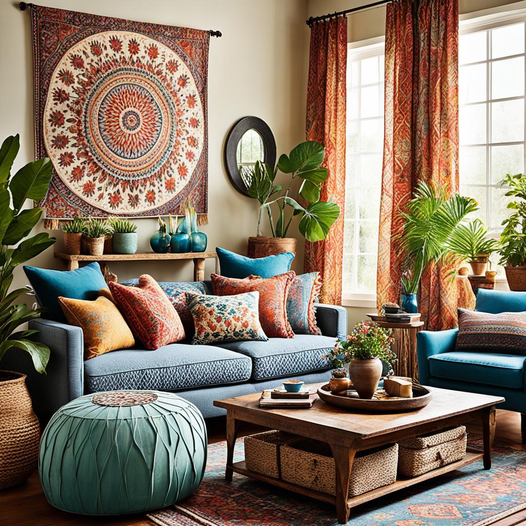 Boho living room with patterned curtains and pillows