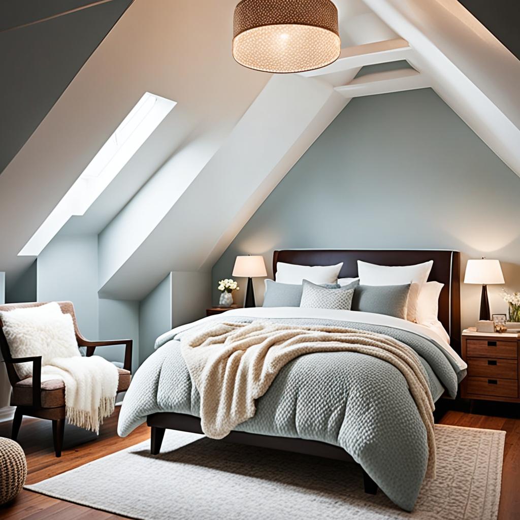 Cozy attic bedroom with textured textiles and mood lighting