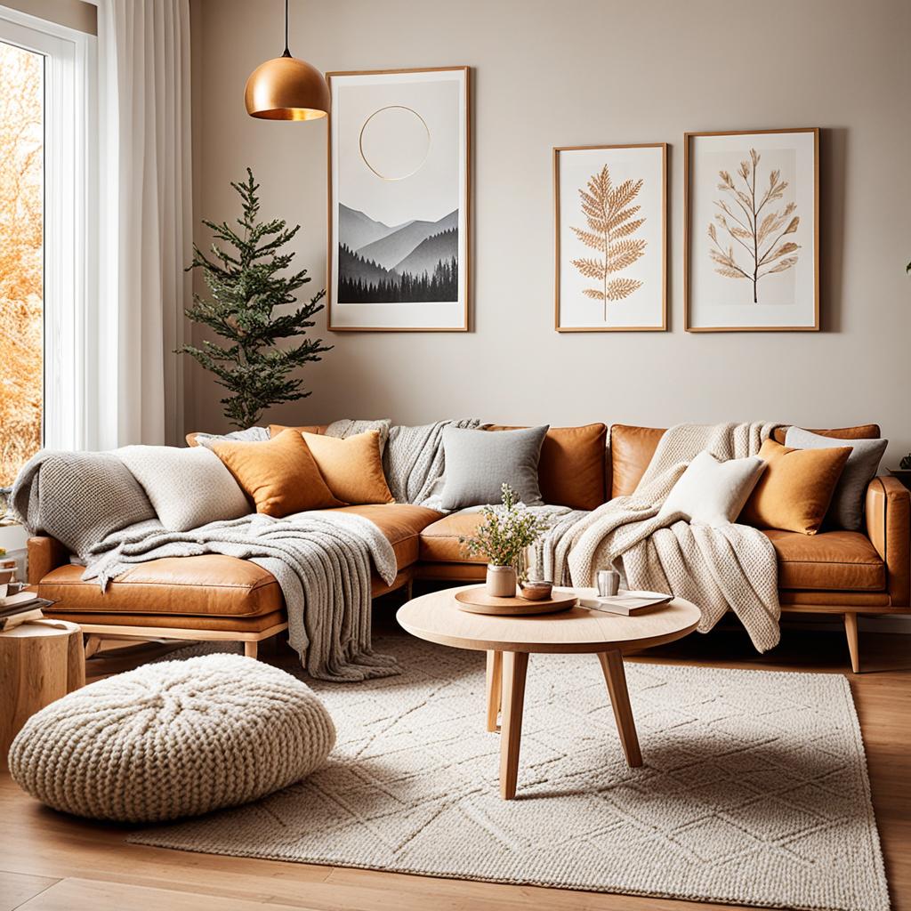 Cozy hygge interior with warm lighting and minimalist decor