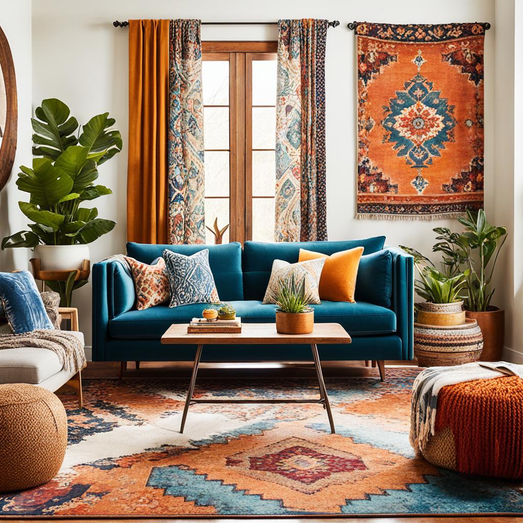 Eclectic living room with diverse textures and patterns