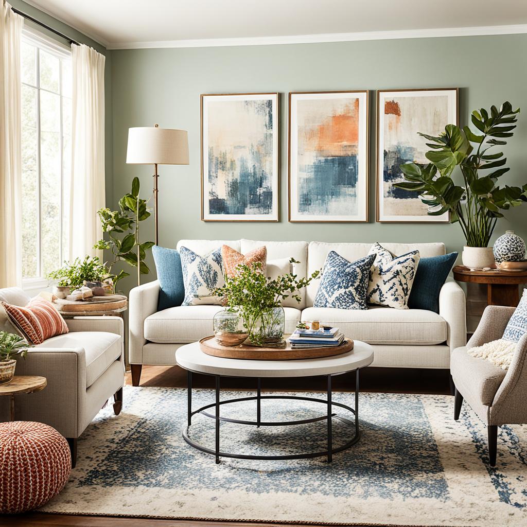 Eclectic living room with layered textiles