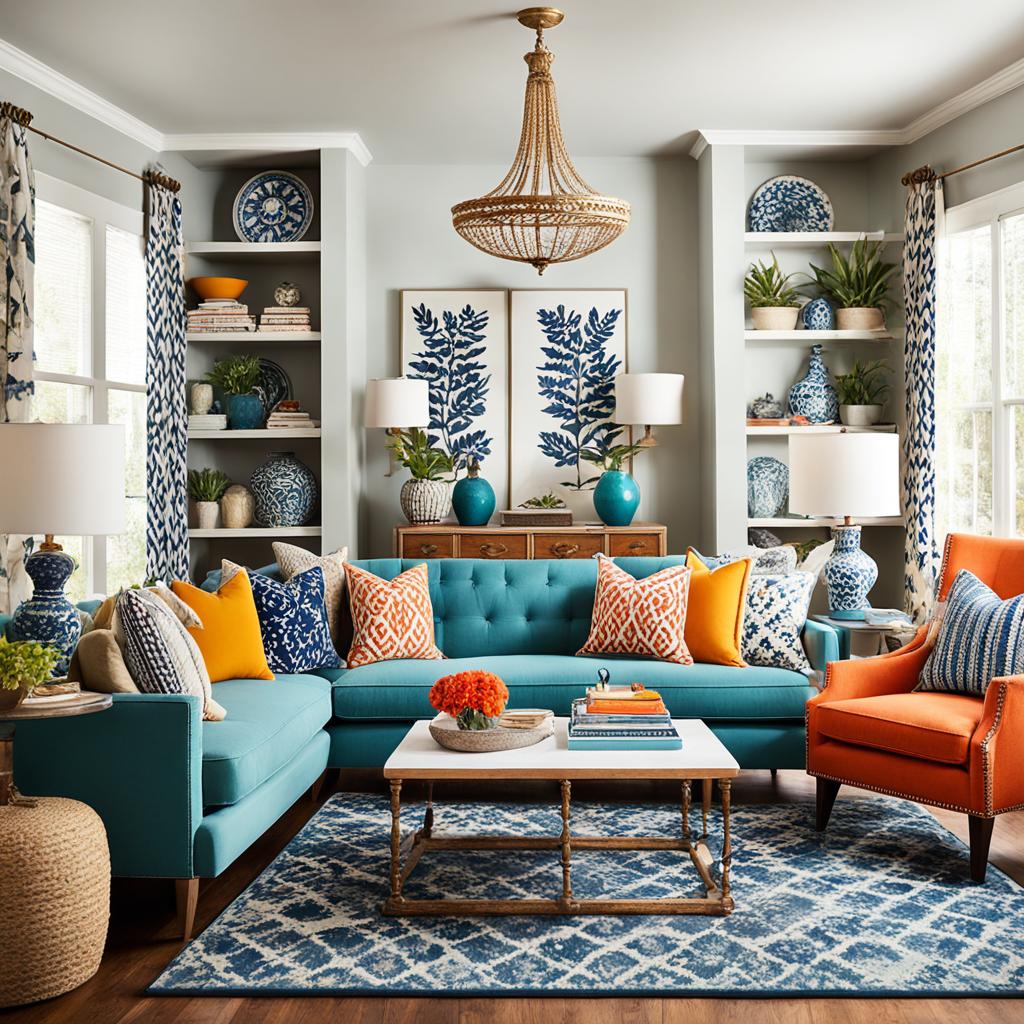 Eclectic living room with repeated patterns