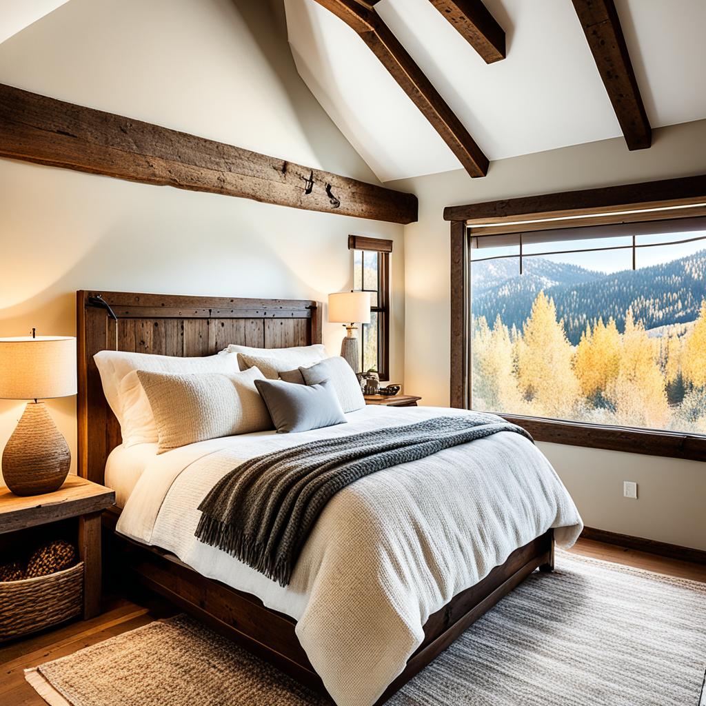 Exposed beam ceilings in rustic bedroom