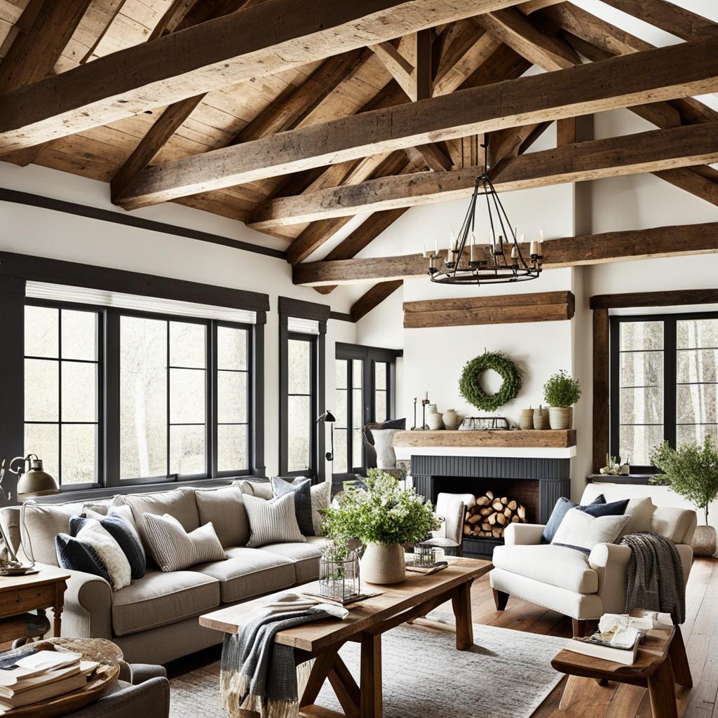 Exposed beams in farmhouse living room