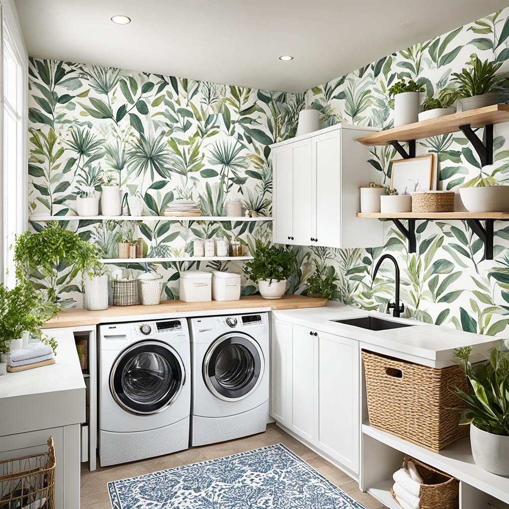 Laundry room organization with wallpaper