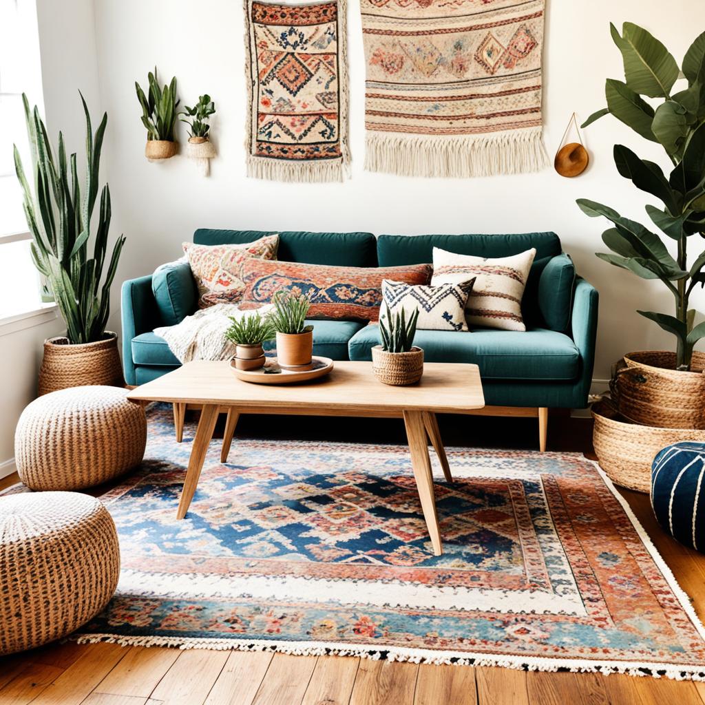 Layered vintage rugs and textiles in a boho living room