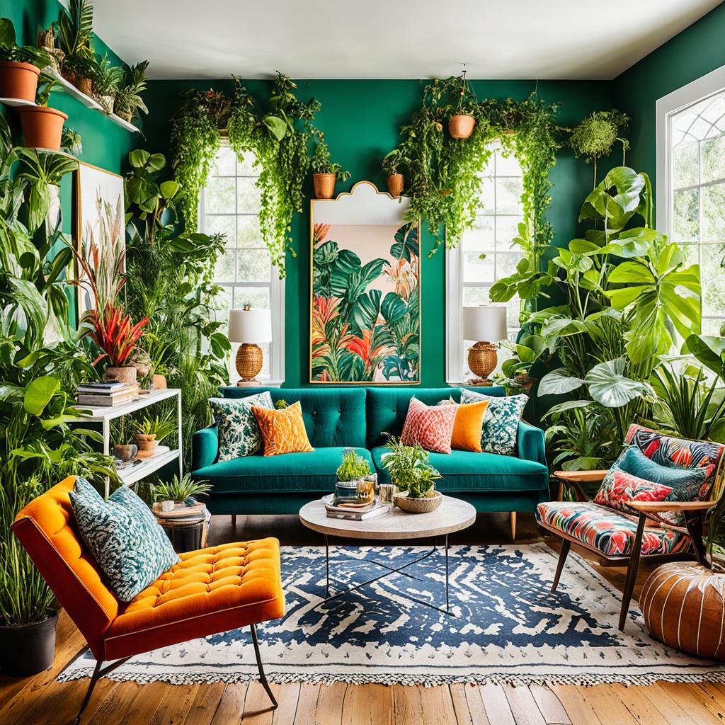 Lush greenery in maximalist living room