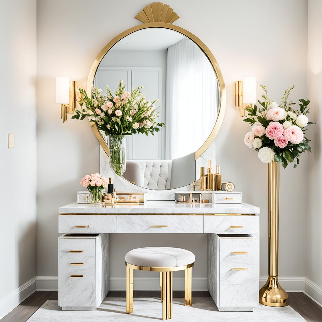 Luxurious vanity setup in a spacious bedroom