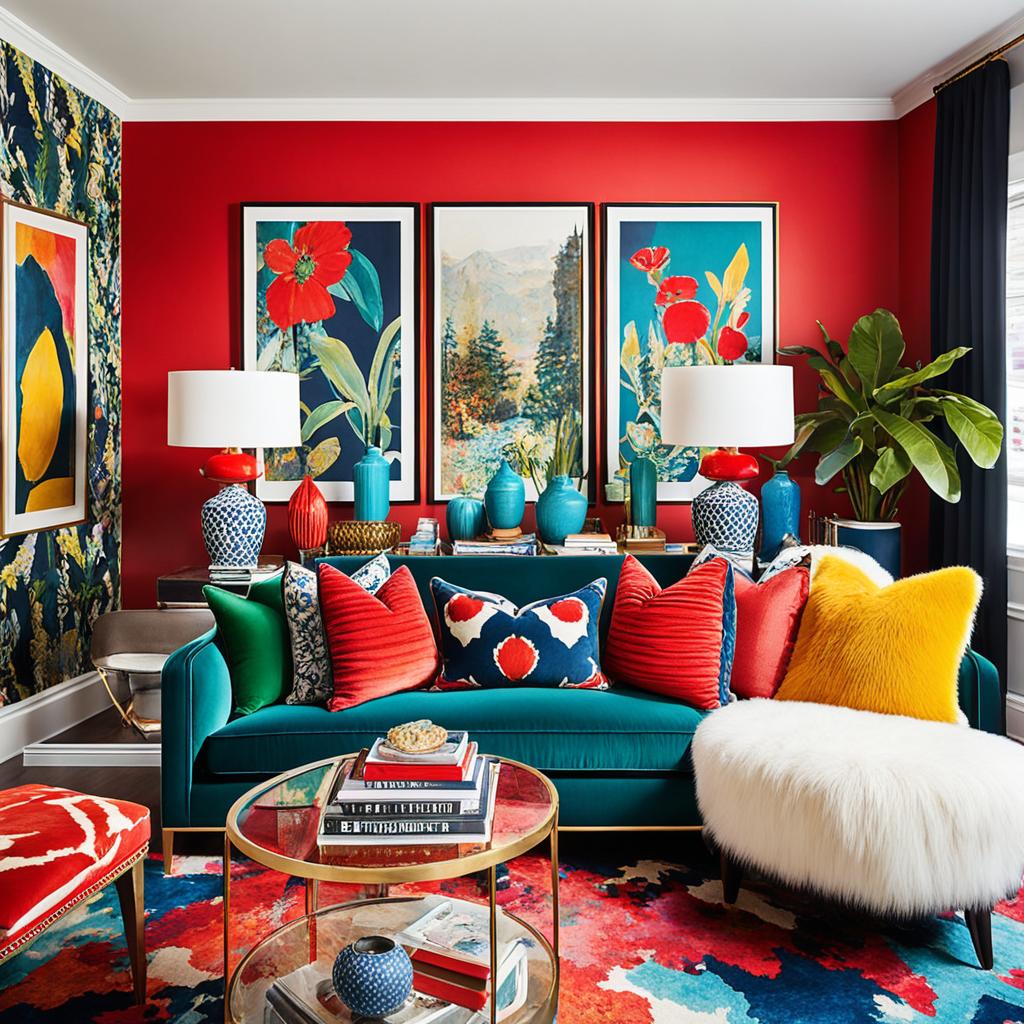 Maximalist interior with bold colors and patterns