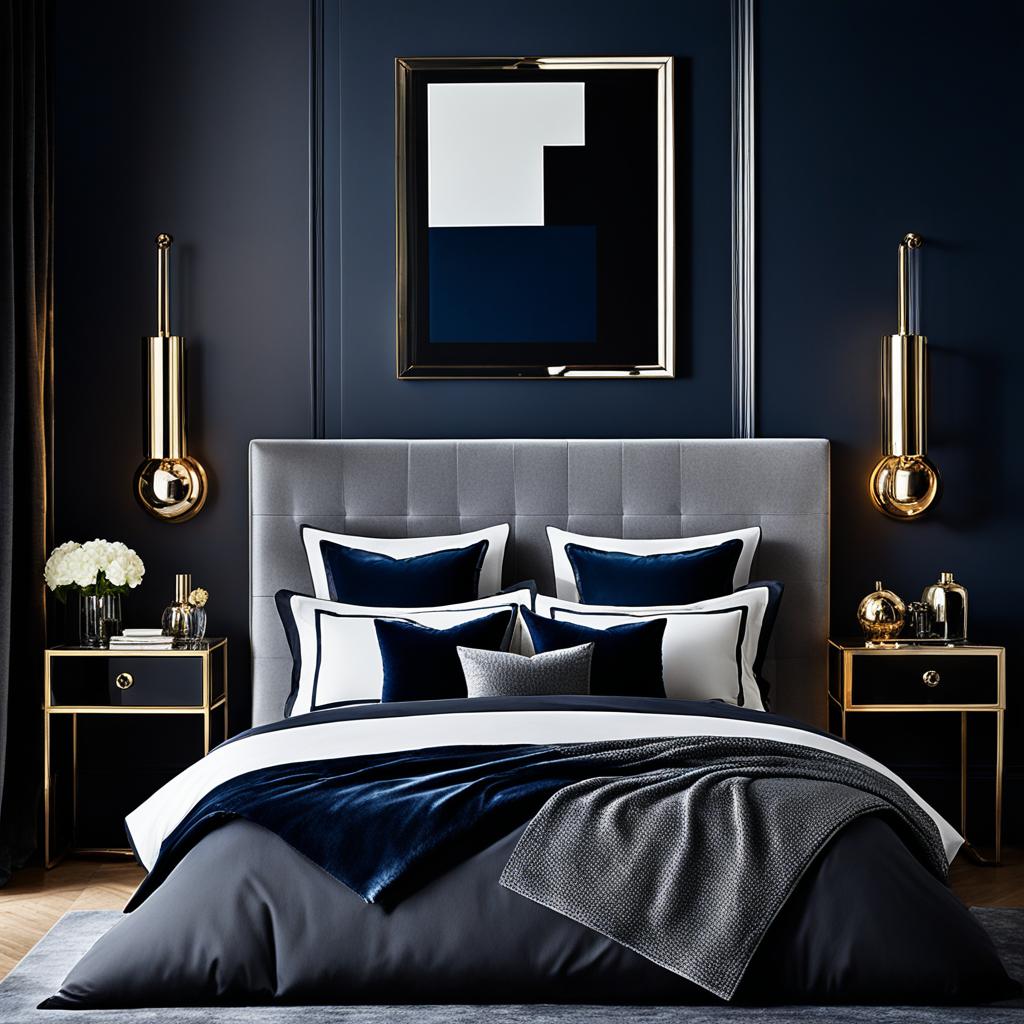 Metallic accents in moody bedroom