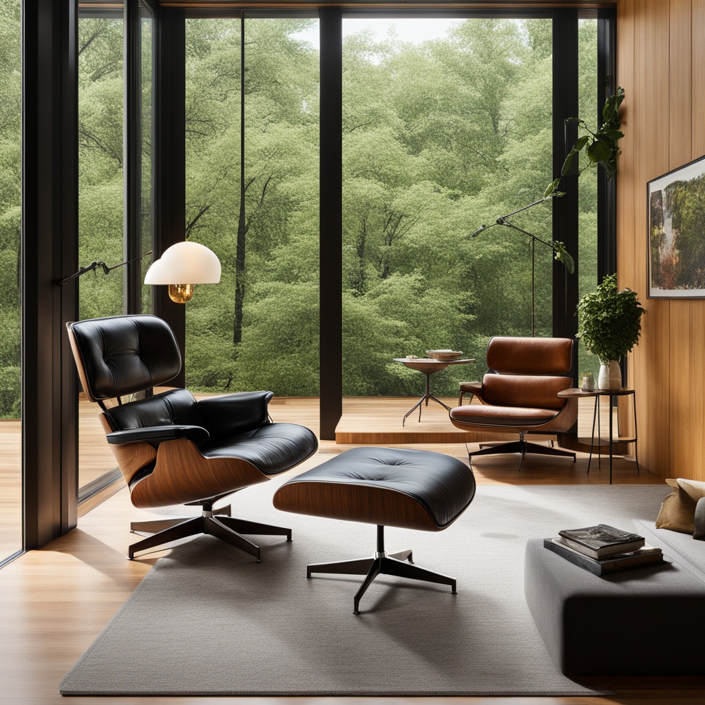 Mid-century modern living room with wood paneling and iconic Eames chair