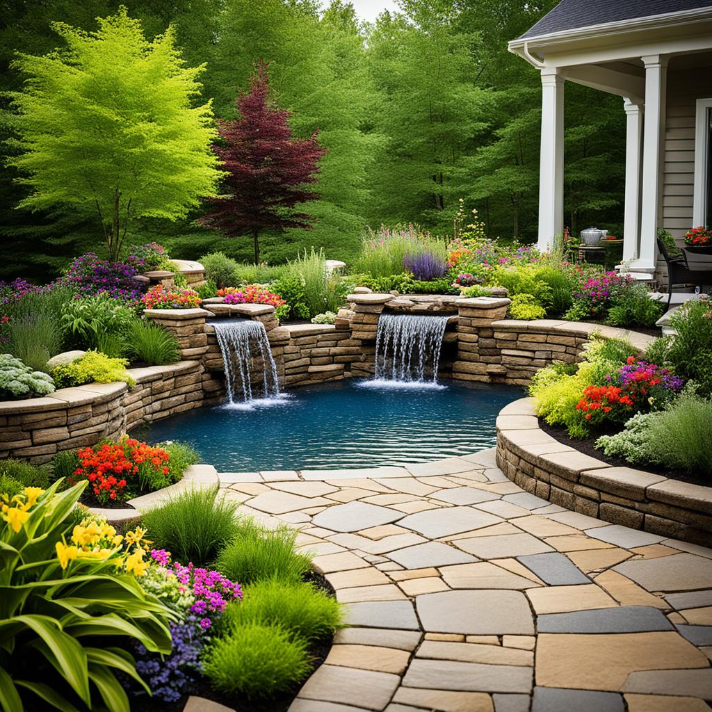 Natural patio design with planters and water features