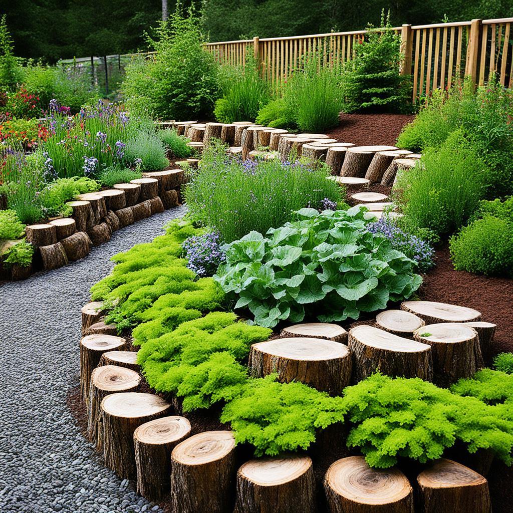 Natural raised beds with log and stone materials