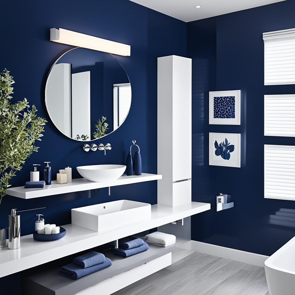 Navy blue accent wall bathroom