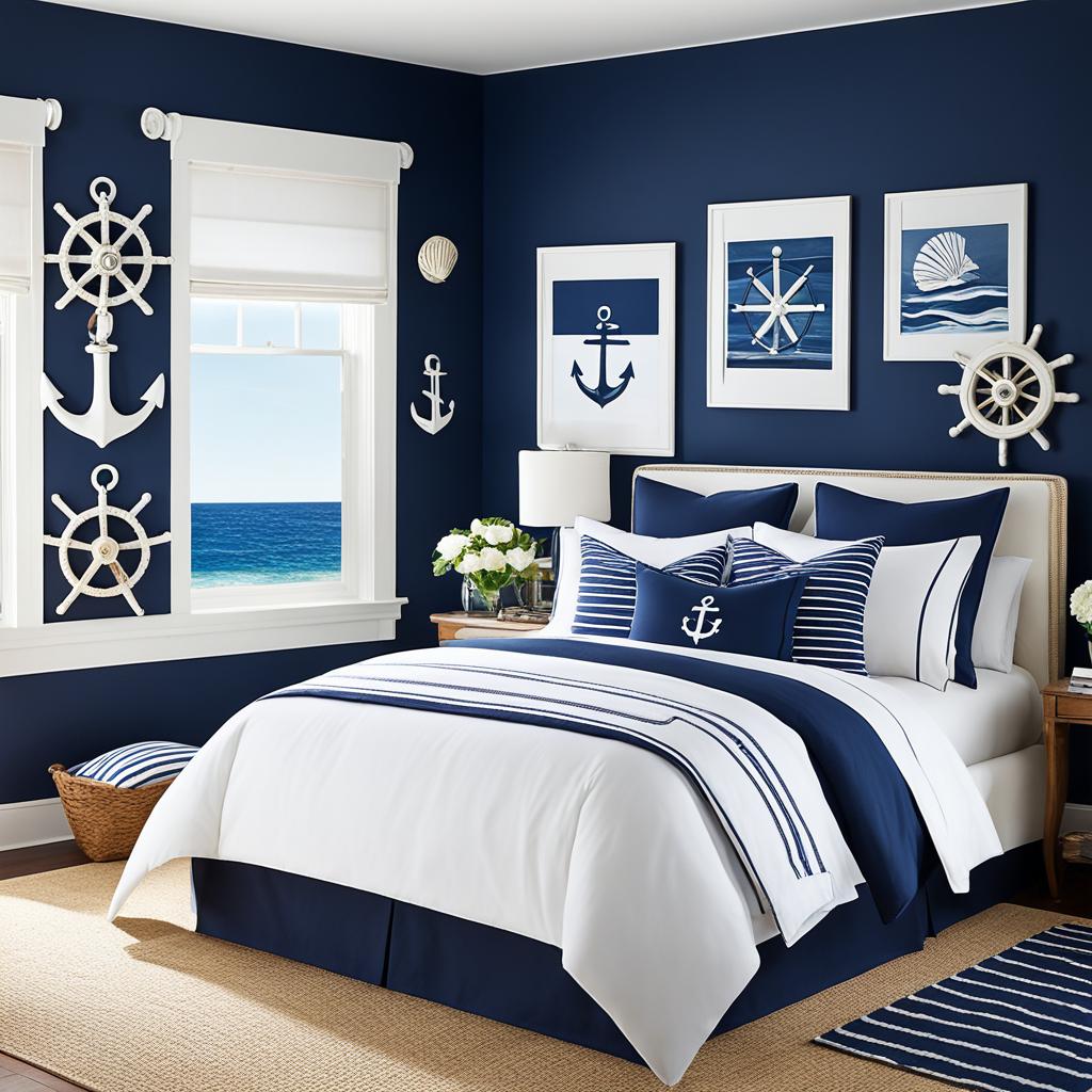 Navy blue and white nautical bedroom