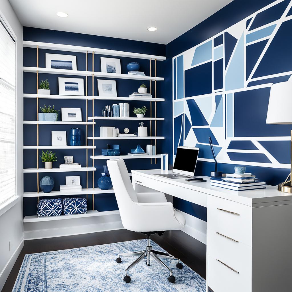 Navy blue home office with accent wall