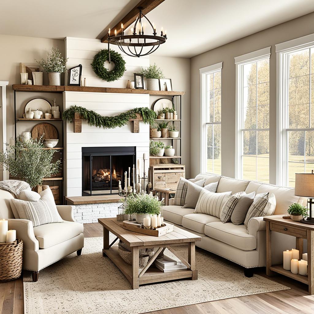 Neutral color palettes in farmhouse living room