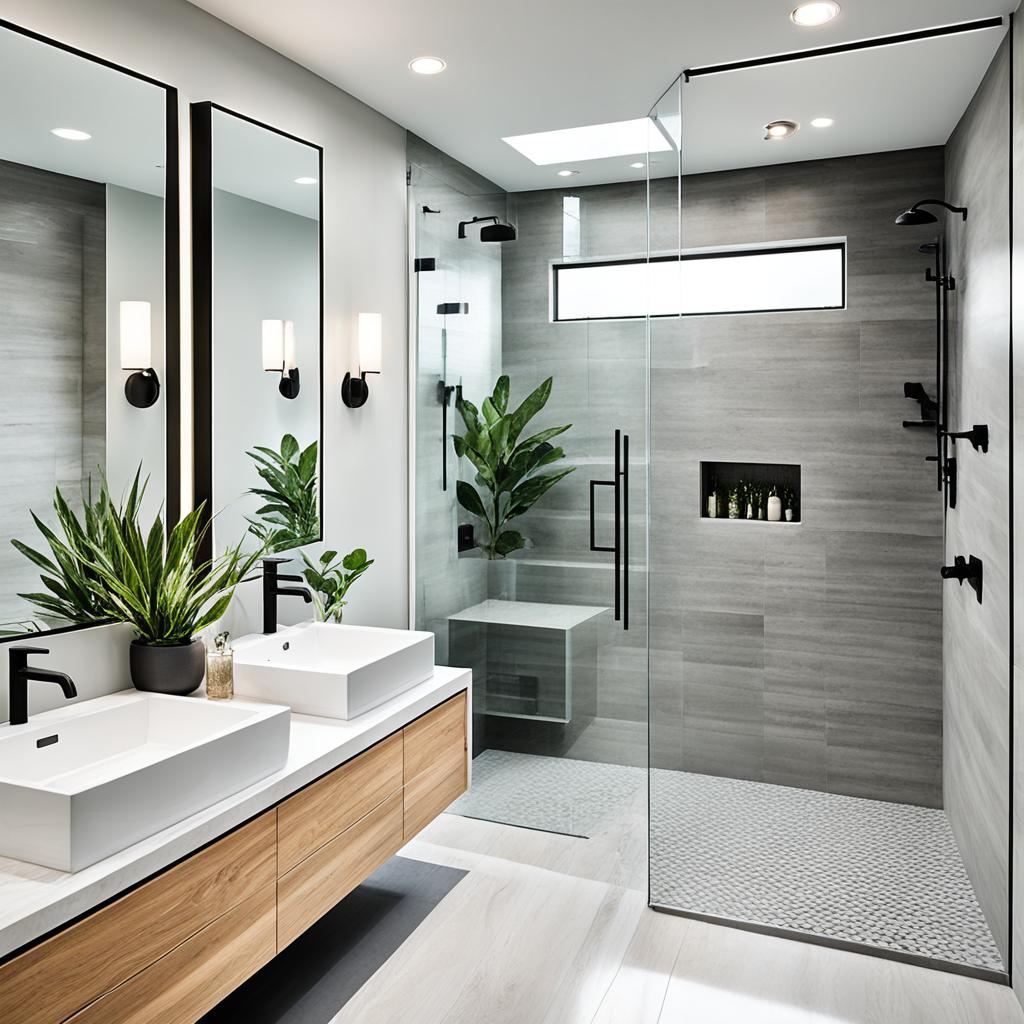 Open-concept bathroom with glass shower enclosure