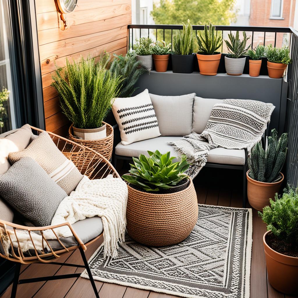 Outdoor rugs and textiles for small balcony