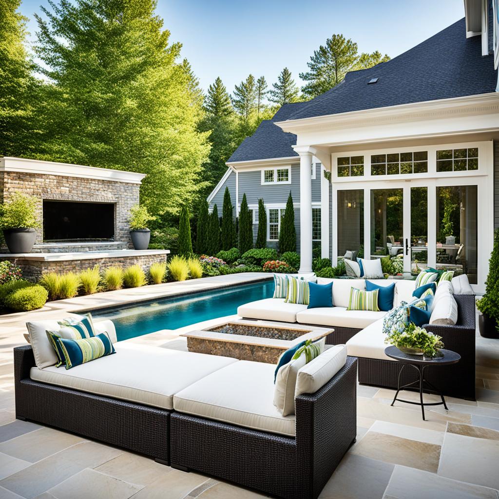 Poolside living spaces with comfortable seating