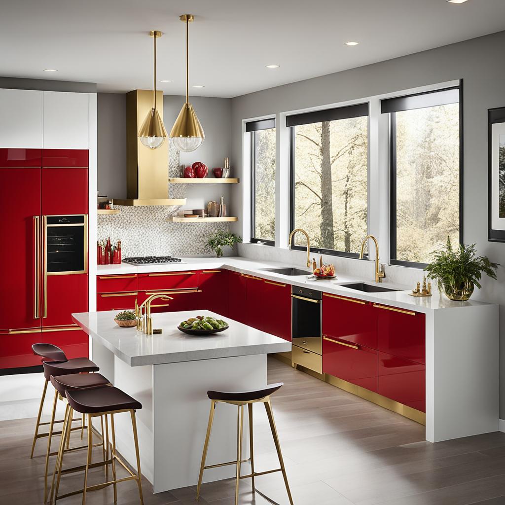 Red kitchen cabinets with brass hardware