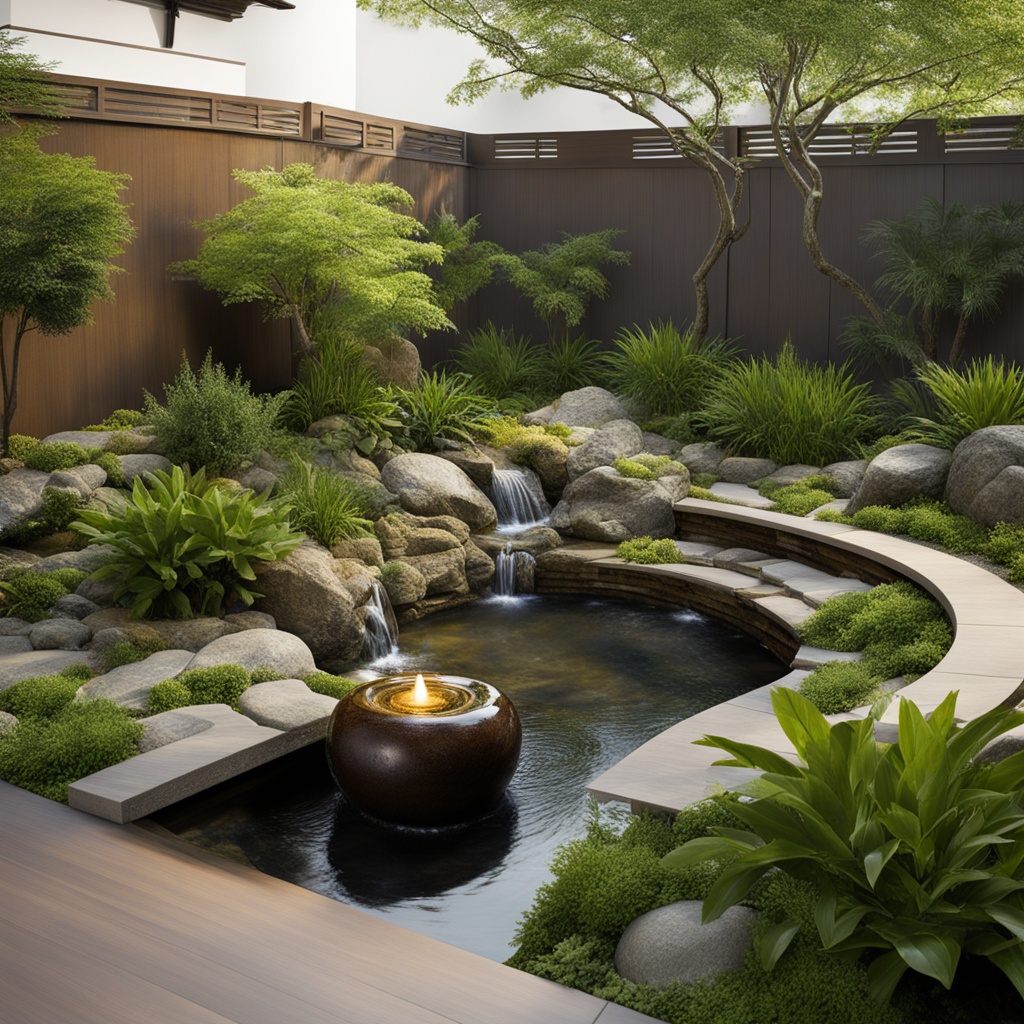 Relaxing terrace garden with water feature