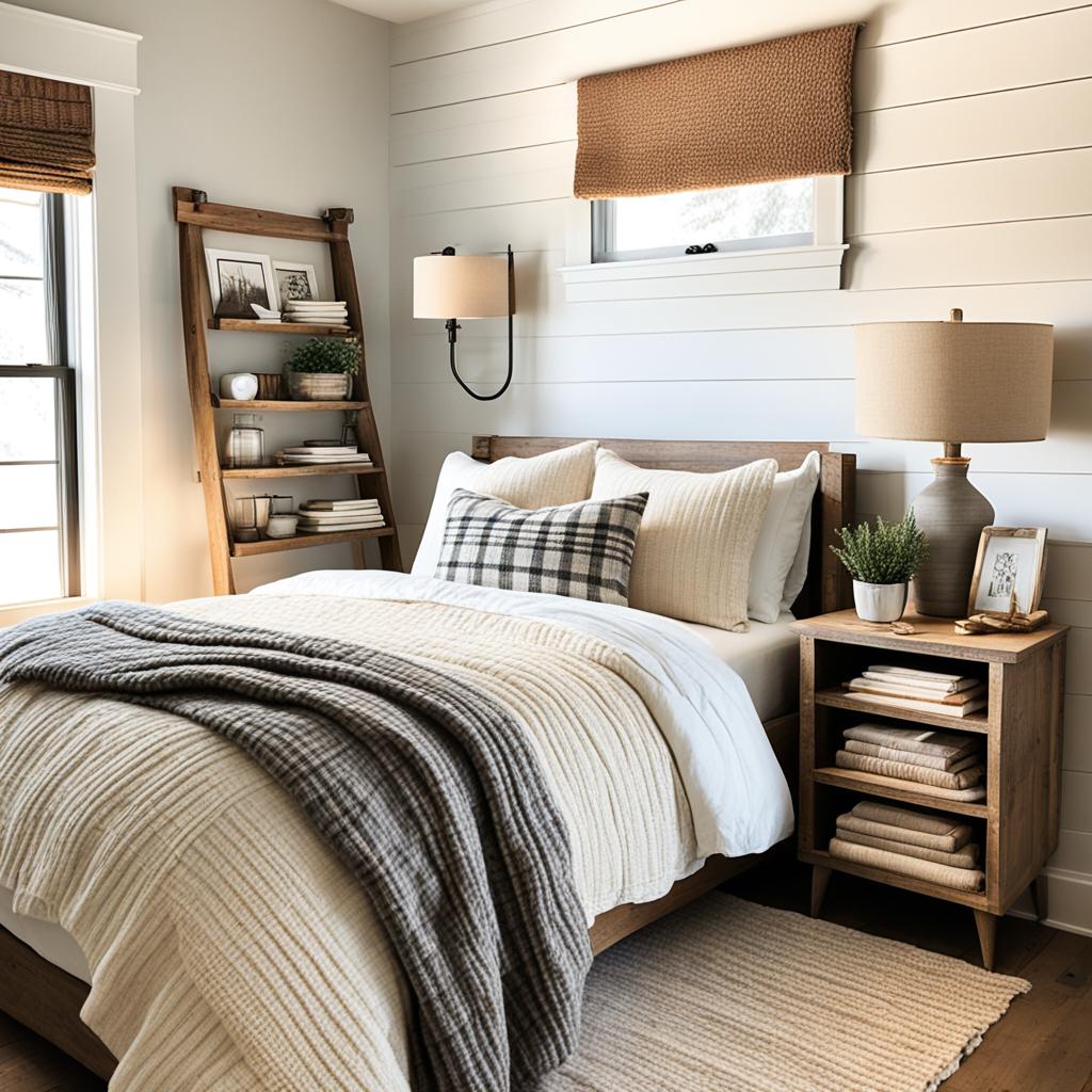 Rustic bedroom with shiplap walls