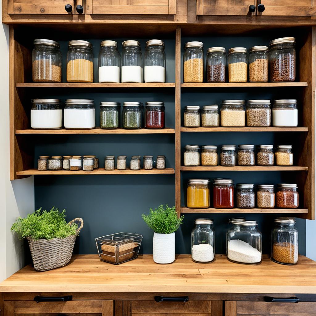 Rustic stained wood pantry shelves