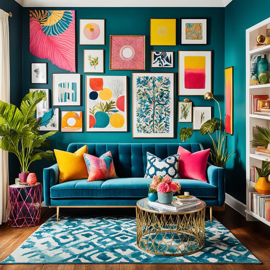 Vibrant color palettes in maximalist living room