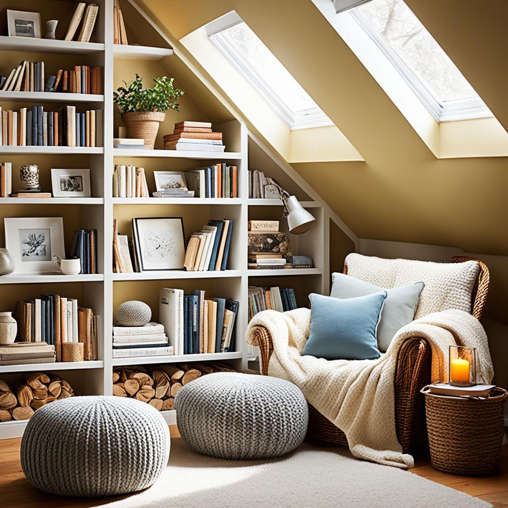 attic reading nook with built-in bookshelves