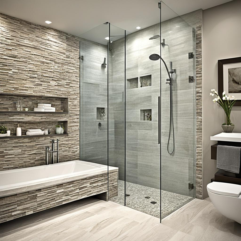 curbless shower with natural stone tiles