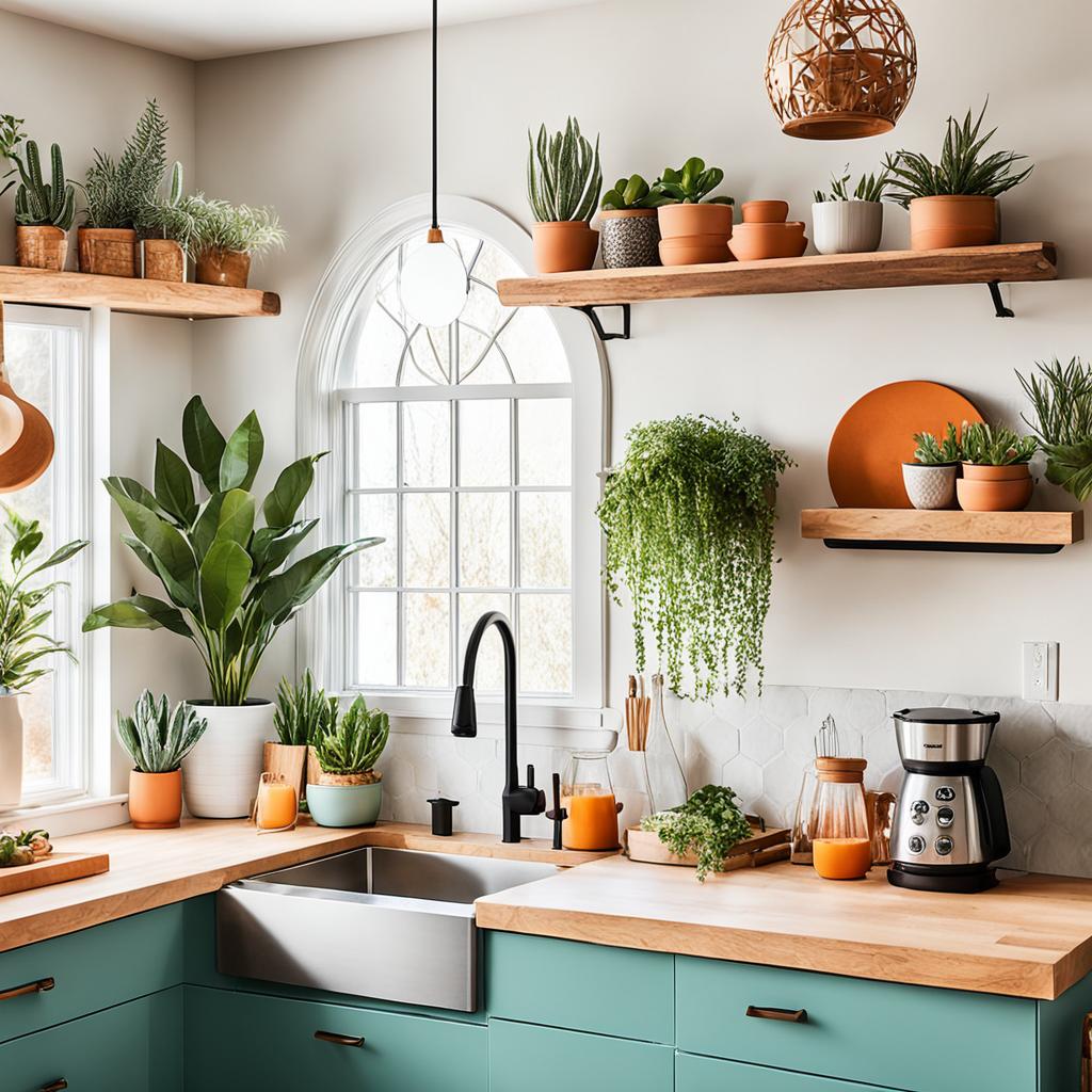 neutral boho kitchen with pops of color