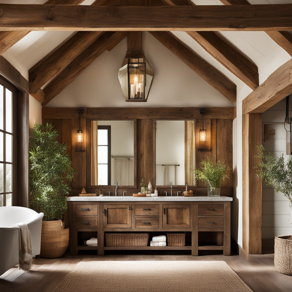 rough hewn wood beams rustic bathroom