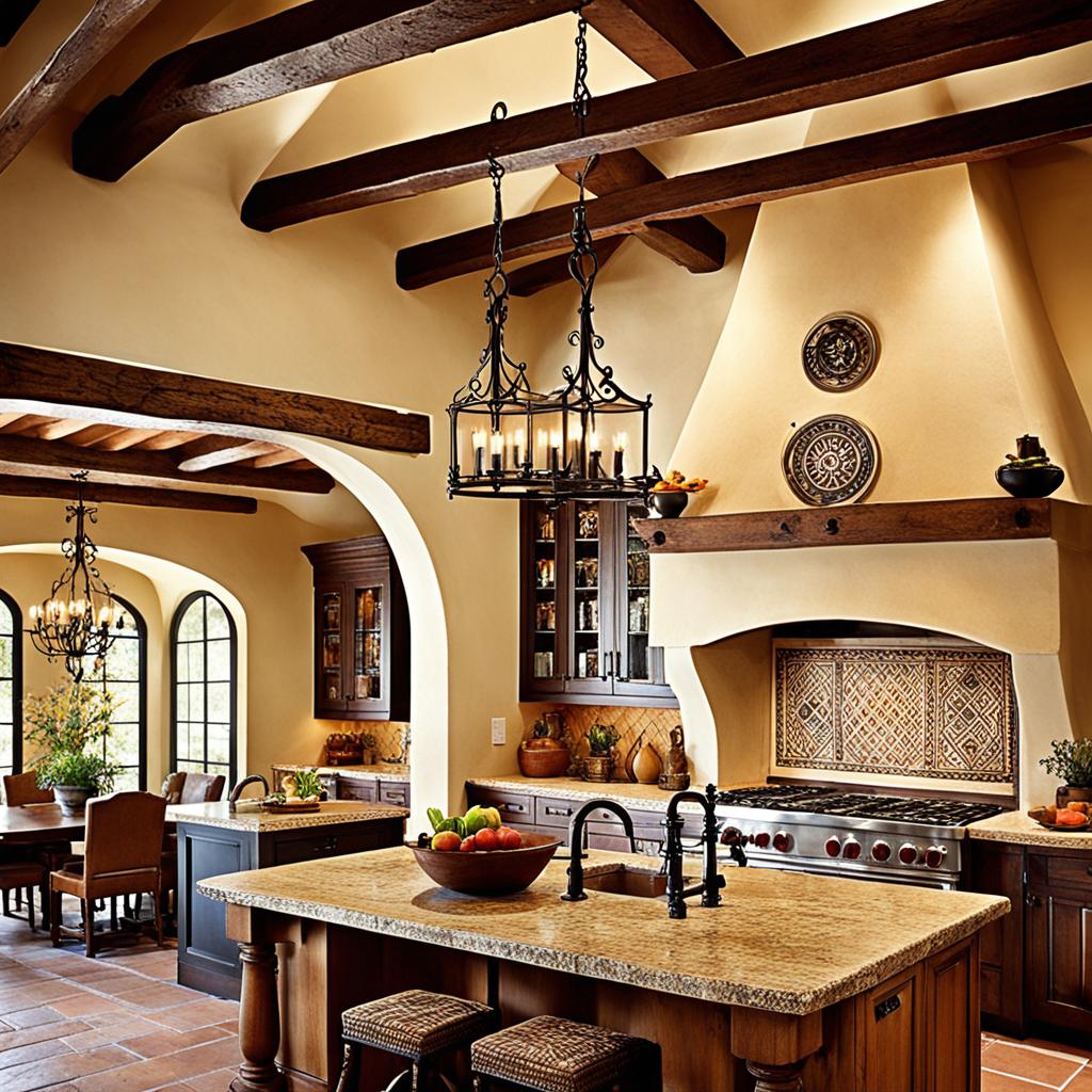 Exposed wooden beams in a Spanish-style kitchen