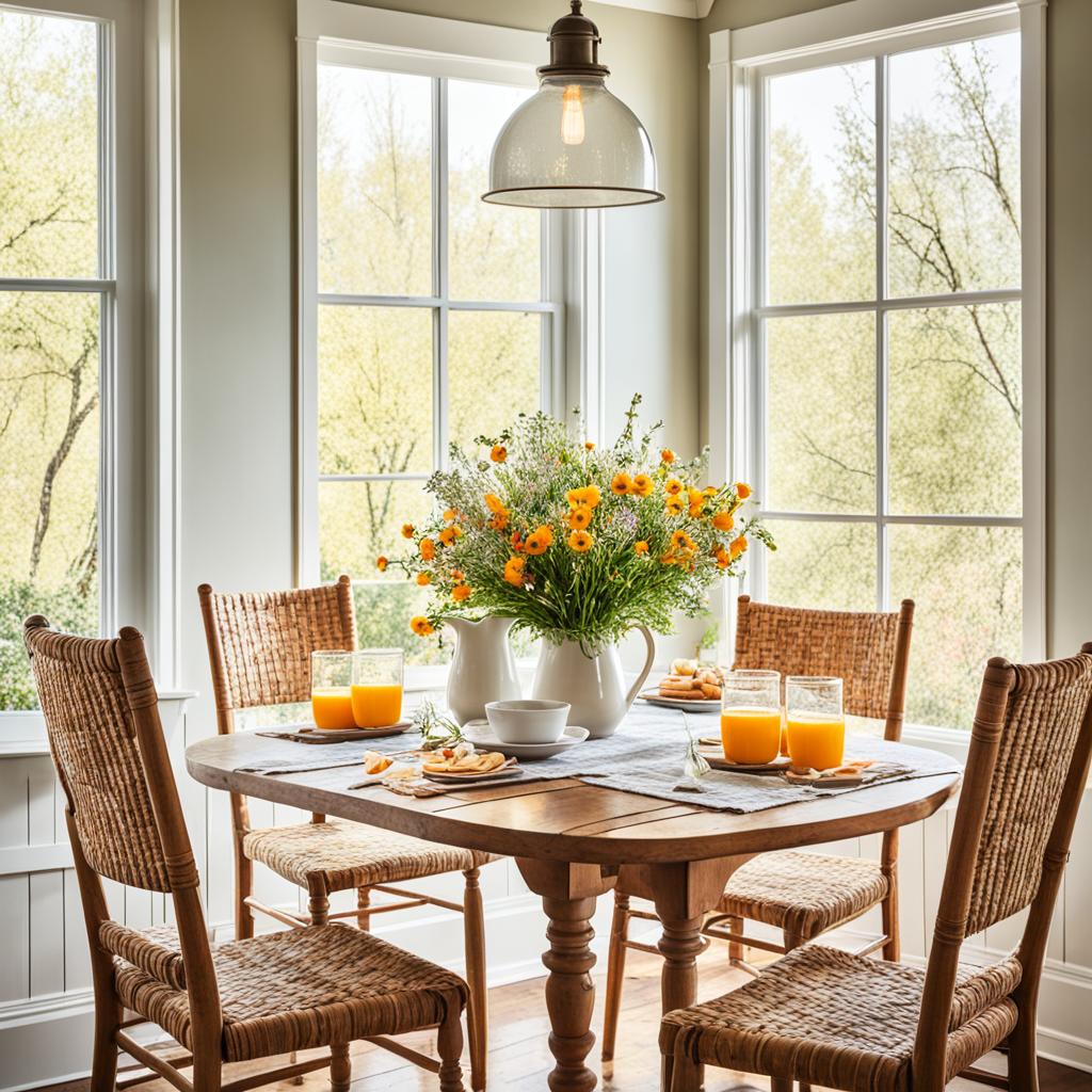 Farmhouse breakfast nook with rustic table and chairs