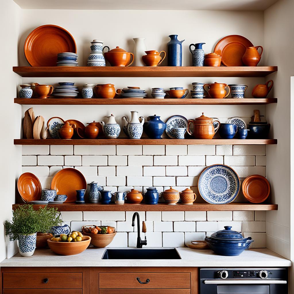 Open shelving with Spanish ceramics display