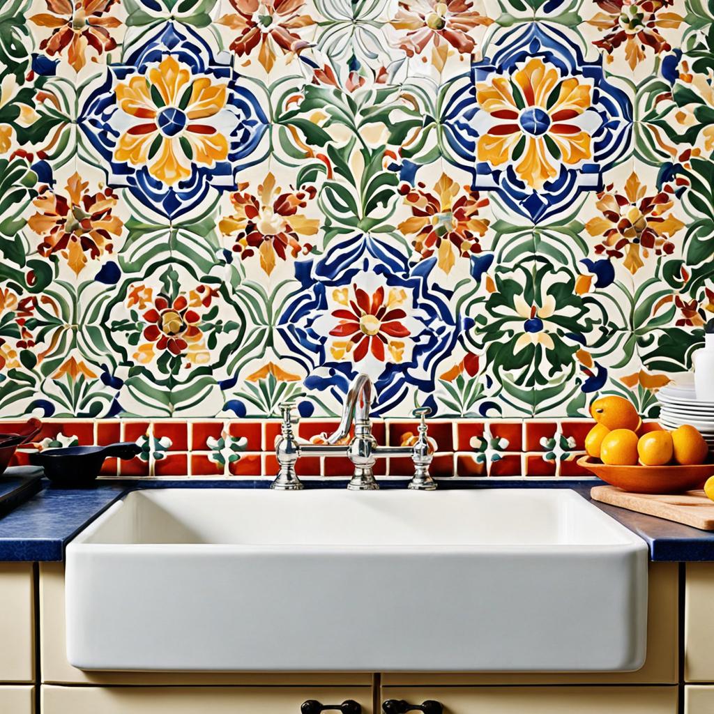 Spanish tile backsplash with mosaic patterns