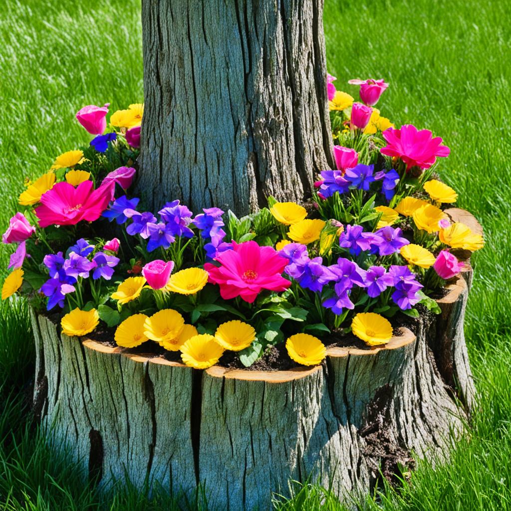 Tree stump planter with flowers