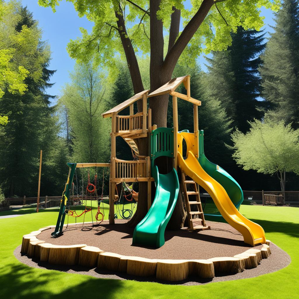 Tree stump play area with climbing structure