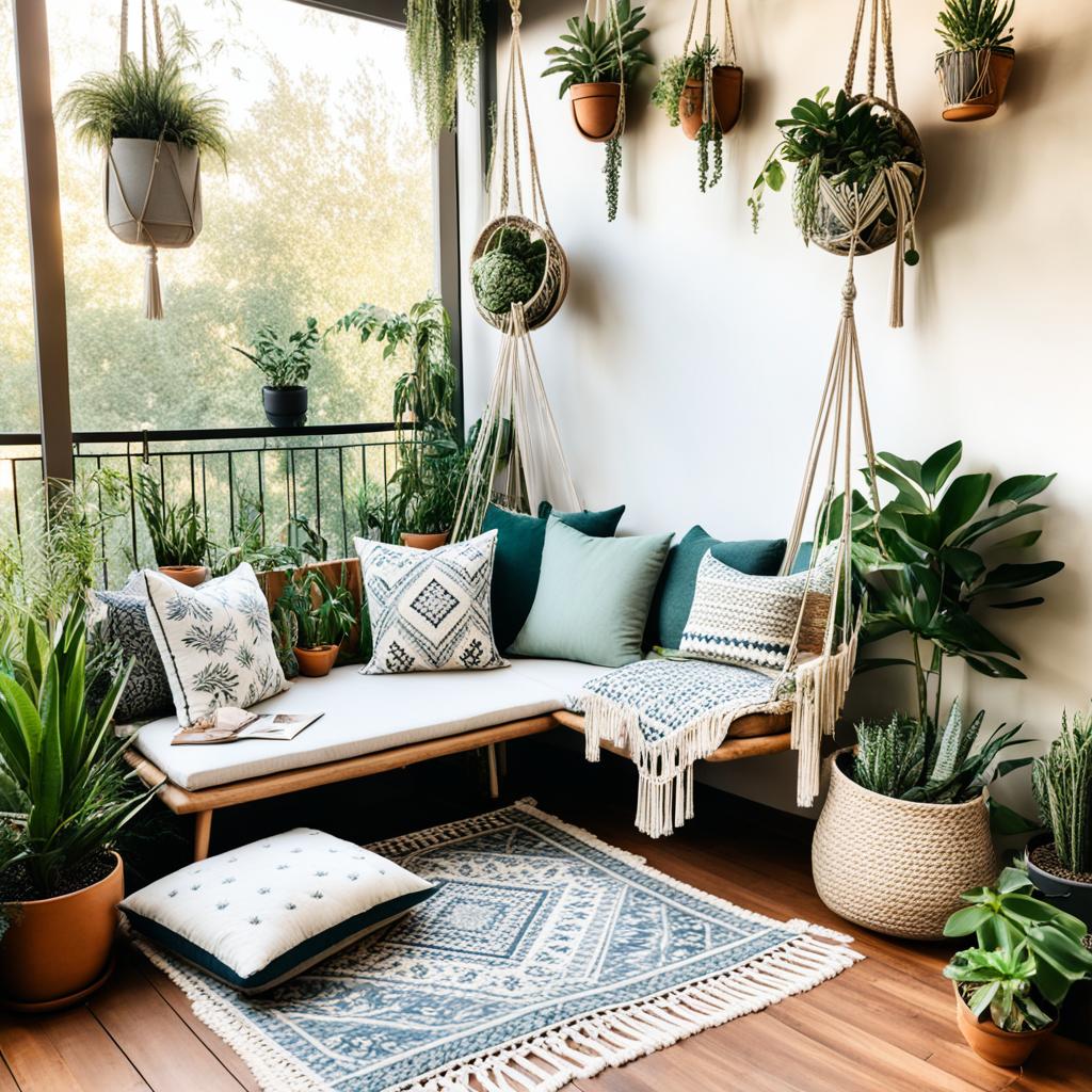 Boho balcony with lush greenery