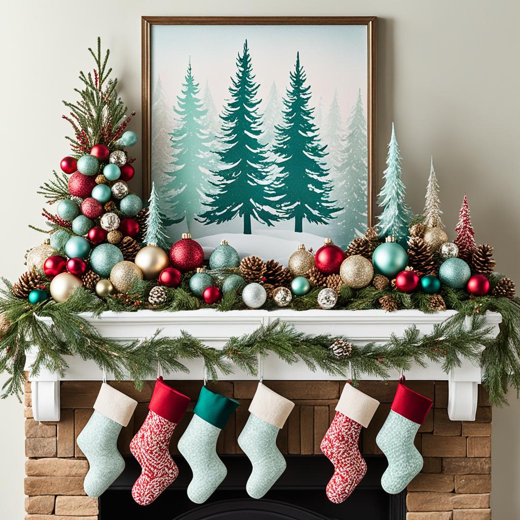 Christmas mantel ornaments in various color schemes