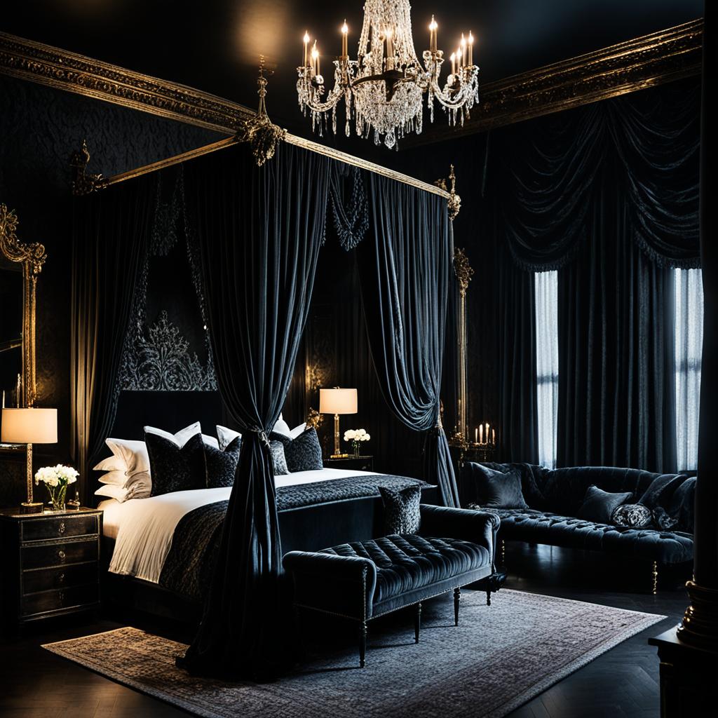 Dark bedroom with dramatic accents